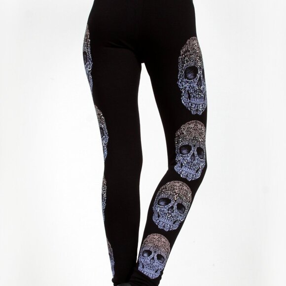 new VOCAL LEGGINGS skulls rhinestones Halloween party pants black SM-XXL gothic - Picture 3 of 5